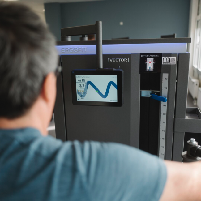 Michael Anselm demonstriert an einem Gerät mit Display zur Kontrolle die korrekten Ausführung einer Übung.